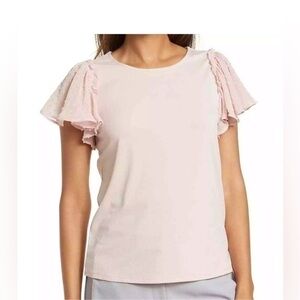 NWT Adrianna Papell Swiss Dot Flutter Sleeve Blouse Champagne Small